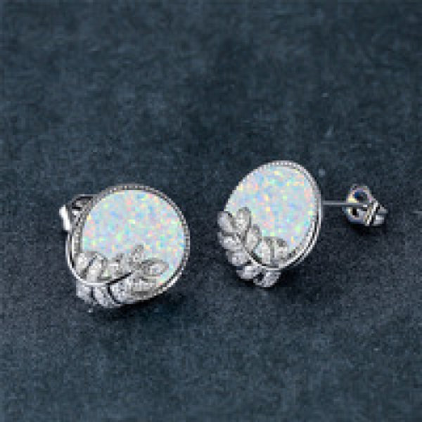 Silver-Tone White Round Simulated Opal Leaf Stud Earrings