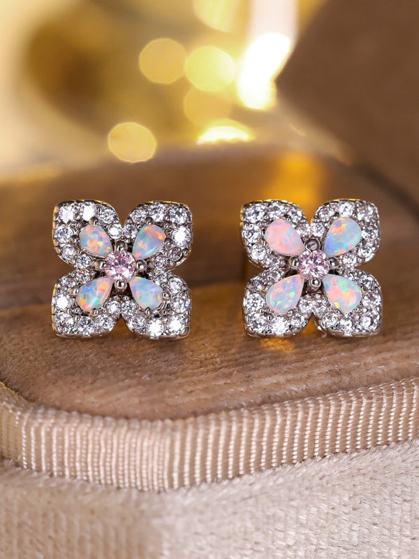 Silver-Tone White Simulated Opal & Pink Crystal Four-Petal Flower Stud Earrings