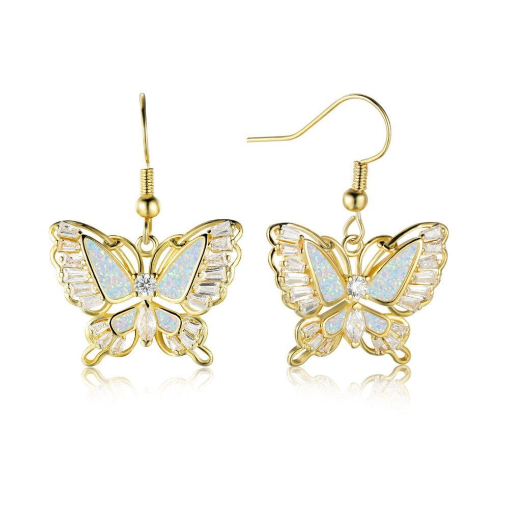 Gold-Tone White Simulated Opal Crystal Butterfly Drop Earrings