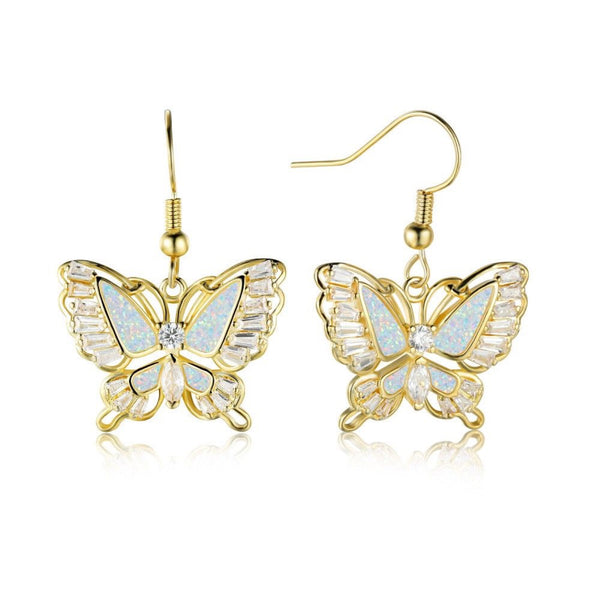 Gold-Tone White Simulated Opal Crystal Butterfly Drop Earrings