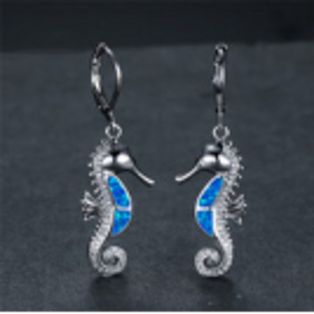 Silver-Tone Micro-Pave Blue Simulated Opal Drop Earrings