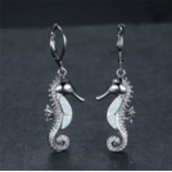Silver-Tone Micro-Pave White Simulated Opal Drop Earrings