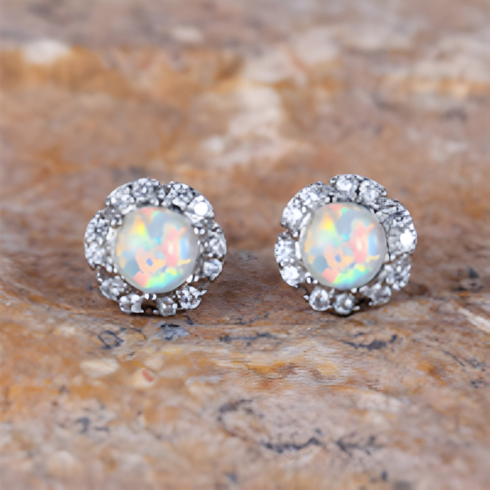 Silver-Tone Round White Simulated Opal Crystal Halo Flower Stud Earrings