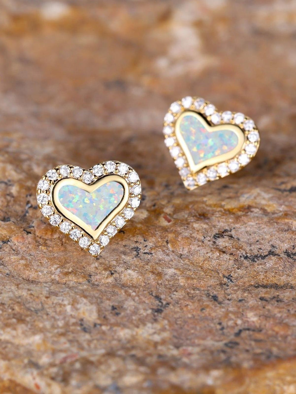 Gold-Tone Micro-Pave White Simulated Opal Heart Stud Earrings