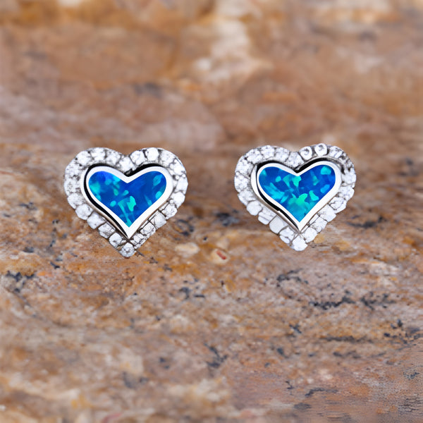 Silver-Tone Blue Simulated Opal Heart Stud Earrings With Crystal Halo