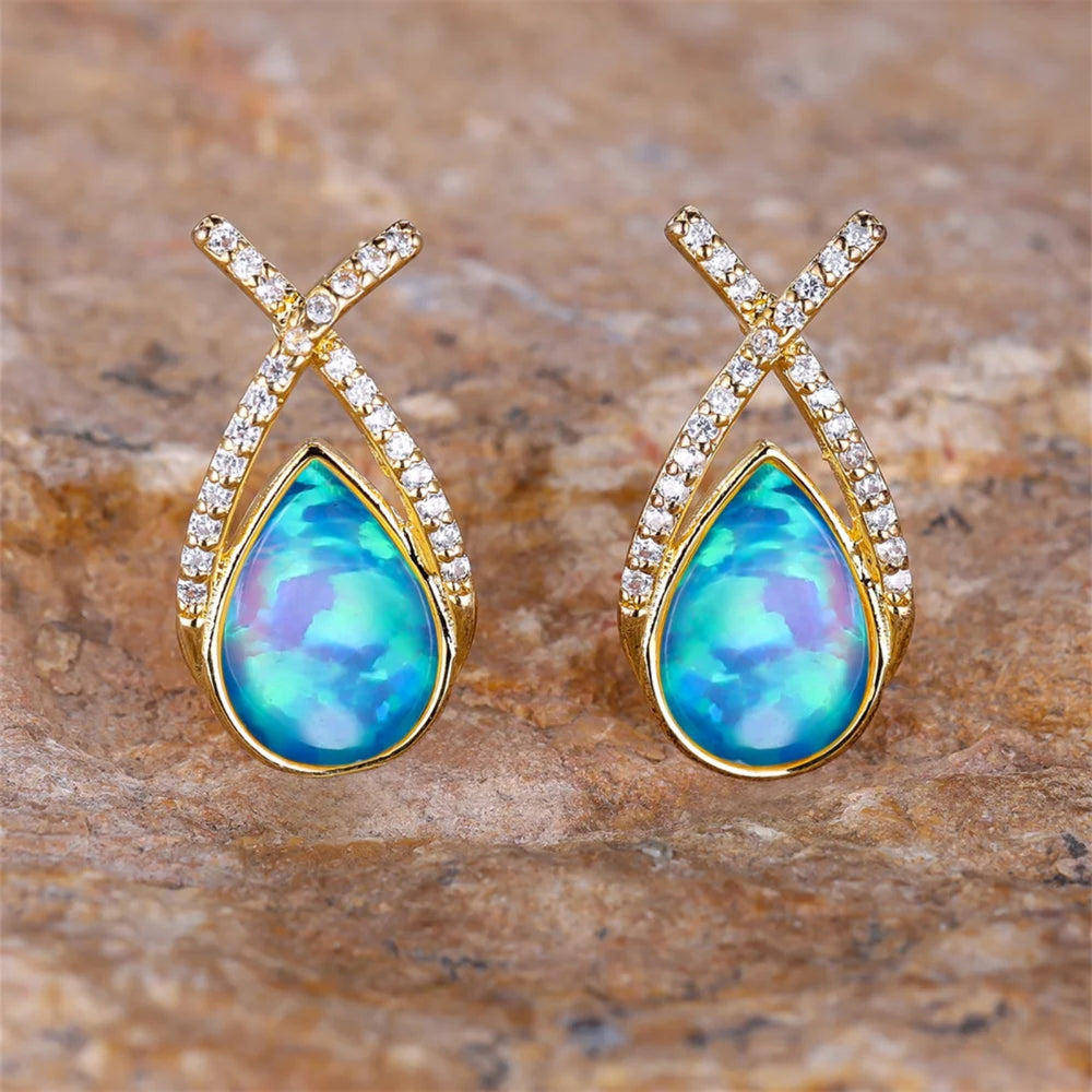 Gold-Tone Blue Simulated Opal Teardrop Crossover Crystal Stud Earrings