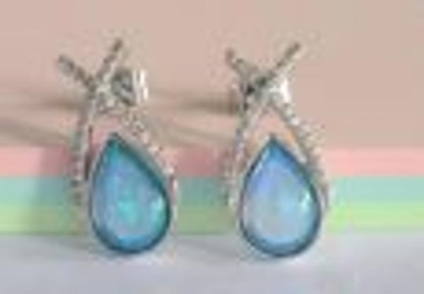 Silver-Tone Blue Teardrop Simulated Opal Crisscross Stud Earrings