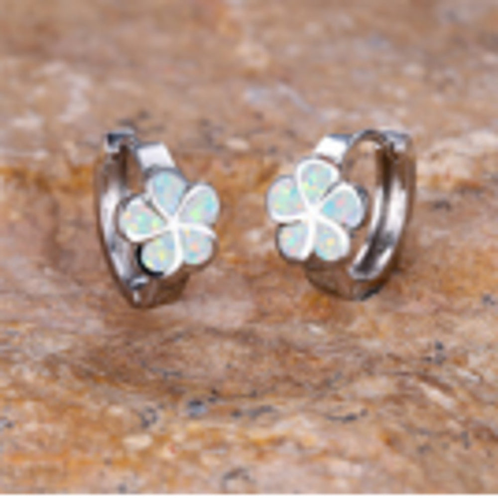Silver-Tone White Simulated Opal Five-Petal Flower Huggie Earrings