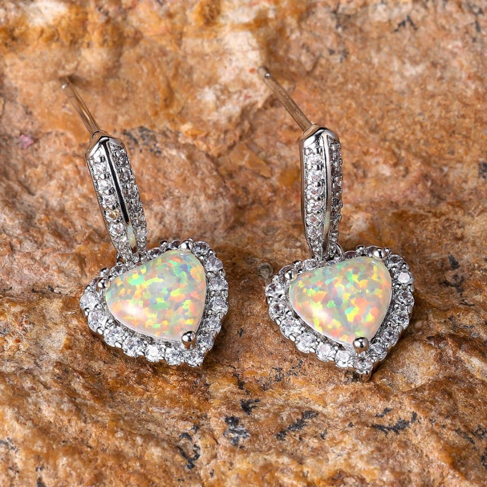 Silver-Tone Heart White Simulated Opal Crystal Halo Drop Earrings