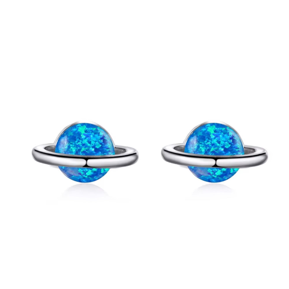 Silver-Tone Blue Simulated Opal Planet Stud Earrings With Orbit Ring