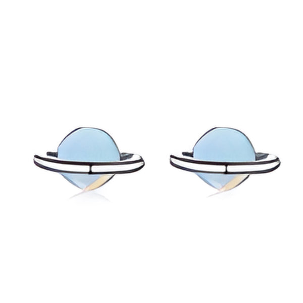 Silver-Tone White Simulated Opal Ringed Planet Stud Earrings