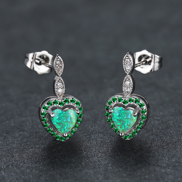 Silver-Tone Haloed Green Heart Simulated Opal Stud Earrings
