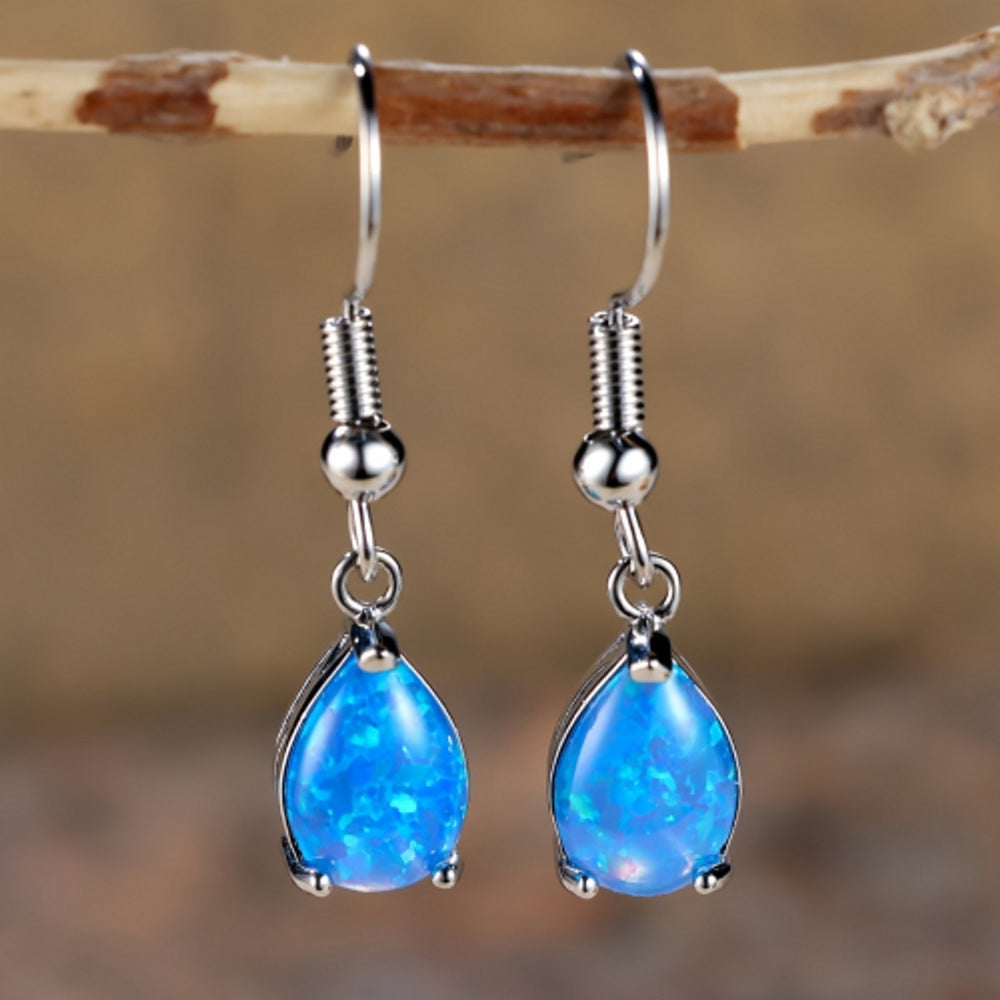 Silver-Tone Blue Teardrop Simulated Opal Drop Earrings