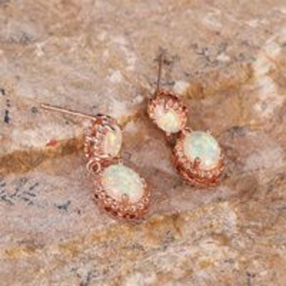 Rose Gold-Tone White Simulated Opal Egg-Shape Drop Earrings
