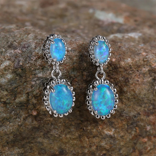Silver-Tone Double Oval Blue Simulated Opal Beaded Frame Drop Earrings