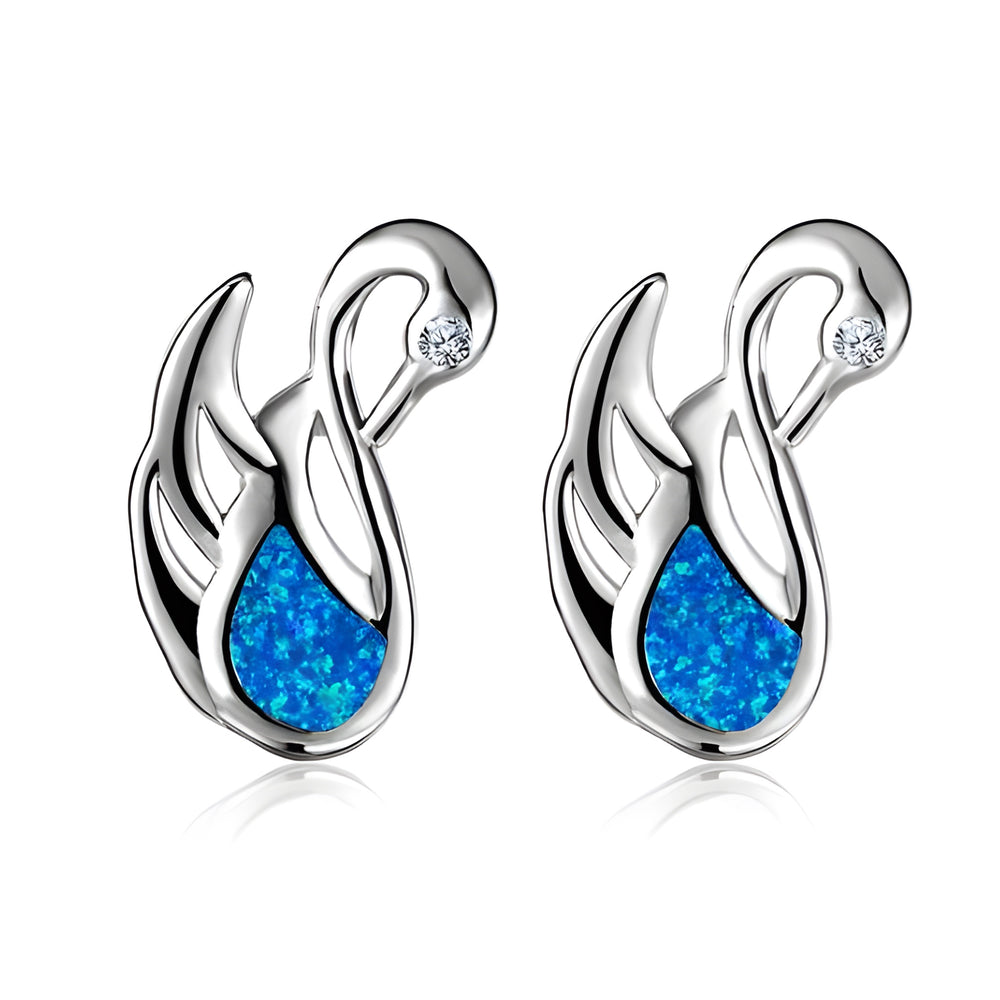 Silver-Tone Teardrop Blue Simulated Opal Swan Stud Earrings