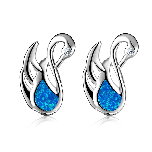 Silver-Tone Teardrop Blue Simulated Opal Swan Stud Earrings