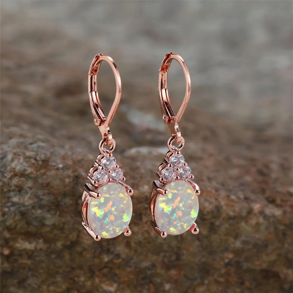 Rose Gold-Tone Four-Prong White Simulated Opal Egg-Shape Drop Earrings