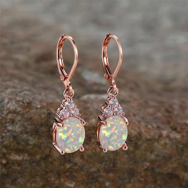 Rose Gold-Tone Four-Prong White Simulated Opal Egg-Shape Drop Earrings