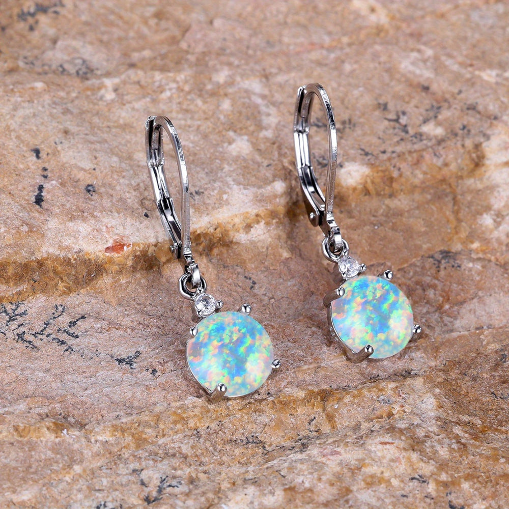 Silver-Tone White Simulated Opal Round Four-Prong Crystal Drop Earrings