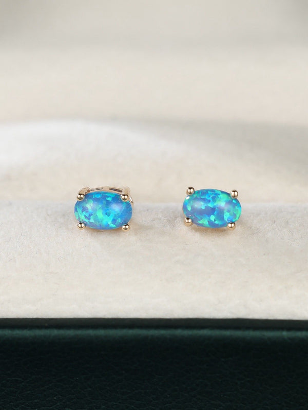 Champagne Gold-Tone Oval Blue Simulated Opal Four-Prong Stud Earrings