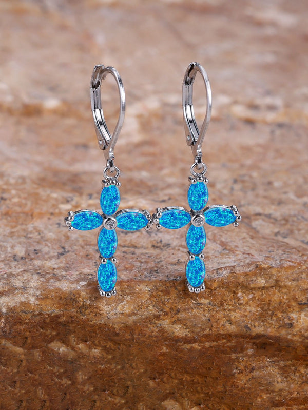 Silver-Tone Oval Blue Simulated Opal Crystal Cross Drop Earrings