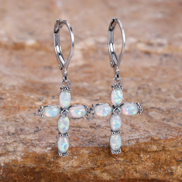 Silver-Tone Oval White Simulated Opal Cross Dangle Drop Earrings