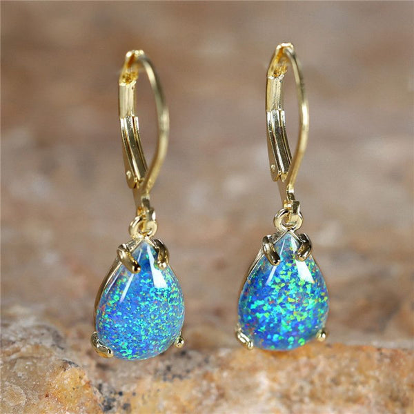 Gold-Tone Teardrop Blue Simulated Opal Four-Prong Drop Earrings