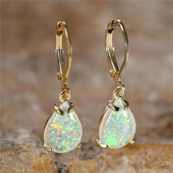 Gold-Tone Teardrop White Simulated Opal Four-Prong Drop Earrings