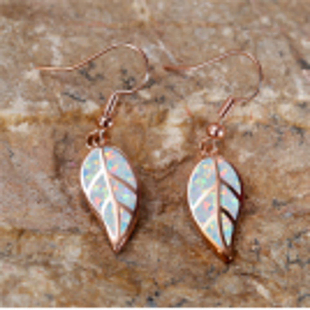 Rose Gold-Tone White Simulated Opal Leaf Drop Earrings