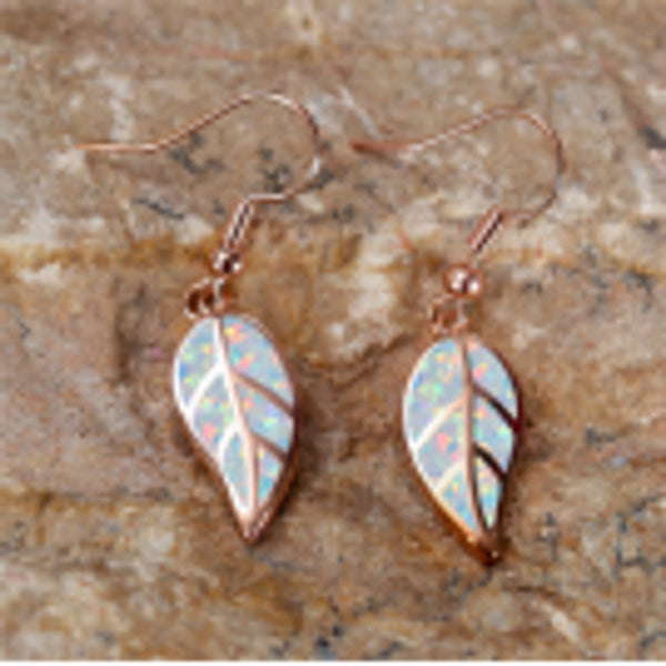 Rose Gold-Tone White Simulated Opal Leaf Drop Earrings