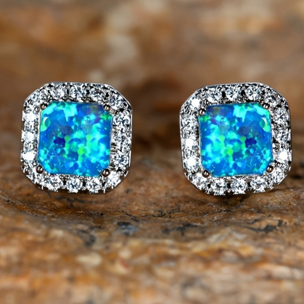 Silver-Tone Four-Prong Blue Square Simulated Opal Stud Earrings