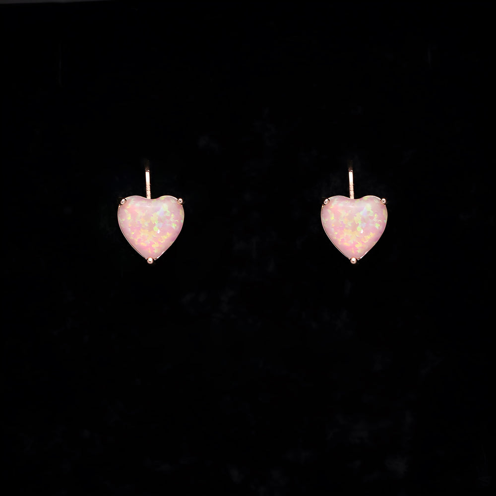 Rose Gold-Tone Heart Pink Simulated Opal Lever-Back Huggie Earrings