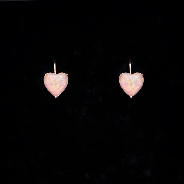 Rose Gold-Tone Heart Pink Simulated Opal Lever-Back Huggie Earrings