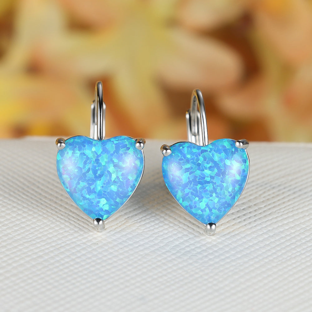 Silver-Tone Blue Simulated Opal Heart Three-Prong Huggie Hoop Earrings