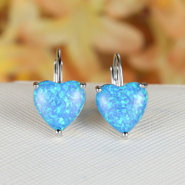 Silver-Tone Blue Simulated Opal Heart Three-Prong Huggie Hoop Earrings