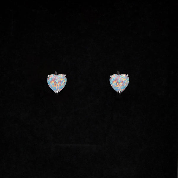 Silver-Tone White Simulated Opal Heart Three-Prong Stud Earrings