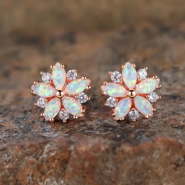 Champagne Gold-Tone White Simulated Opal Petal Flower Stud Earrings