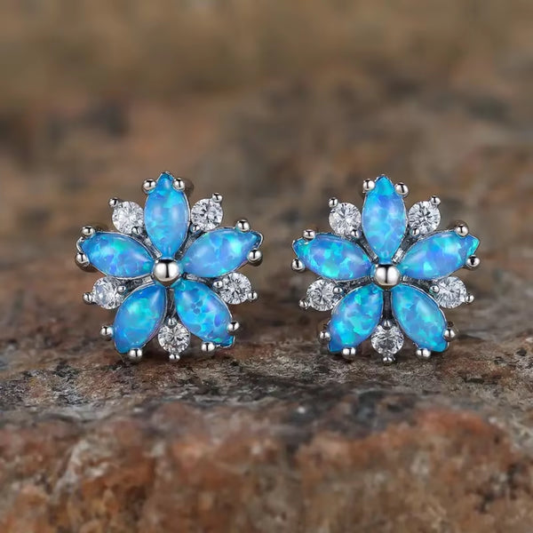 Silver-Tone Blue Simulated Opal Petal Flower Crystal Stud Earrings