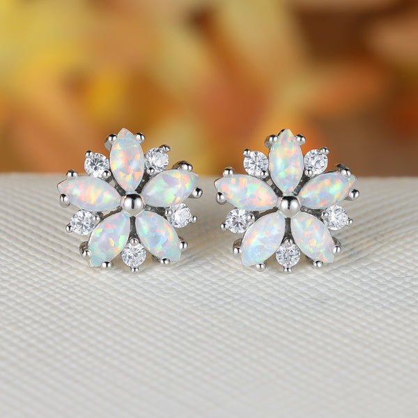 Silver-Tone White Simulated Opal Petal Flower Crystal Stud Earrings