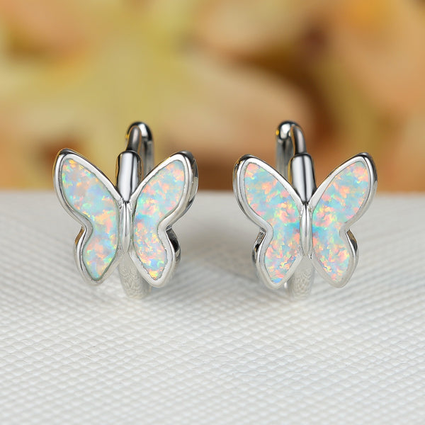 Silver-Tone White Simulated Opal Butterfly Huggie Earrings