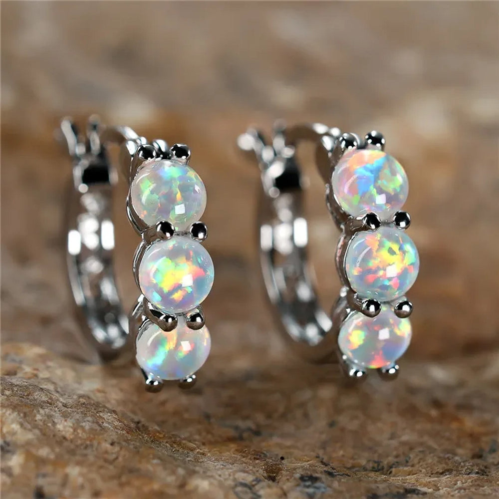 Silver-Tone Three-Stone White Round Simulated Opal Huggie Earrings