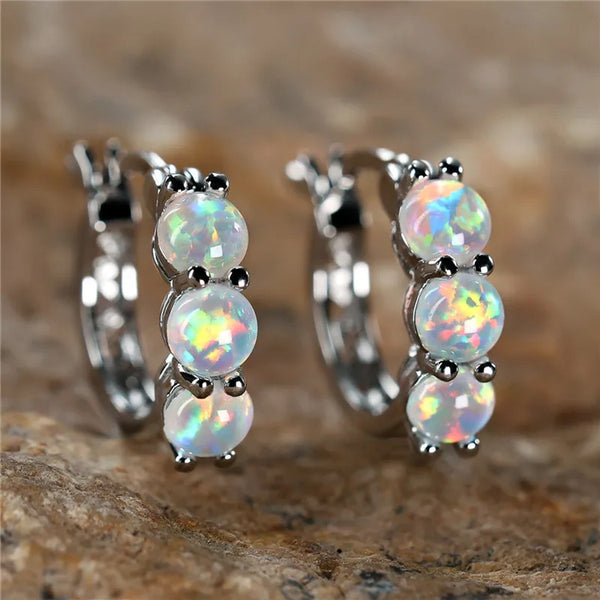 Silver-Tone Three-Stone White Round Simulated Opal Huggie Earrings