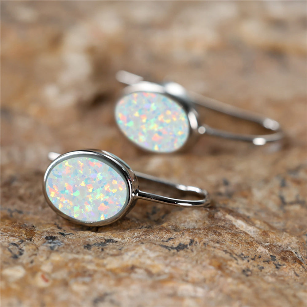 Silver-Tone Oval White Simulated Opal Bezel-Set Huggie Earrings