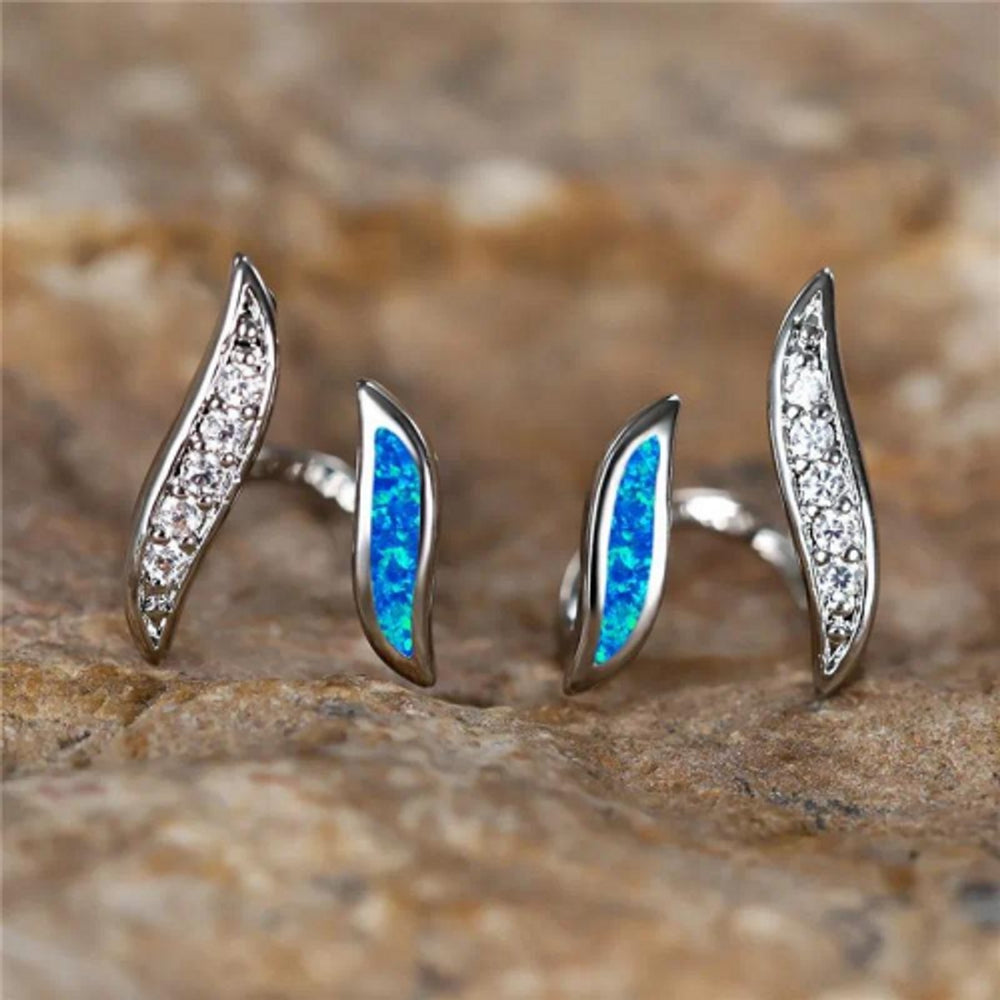 Silver-Tone Blue Simulated Opal Freeform Huggie Earrings