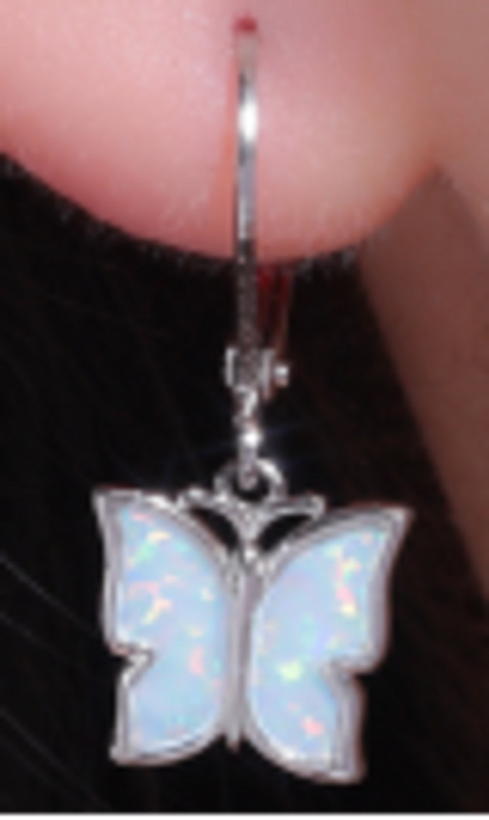 Silver-Tone White Simulated Opal Butterfly Drop Earrings
