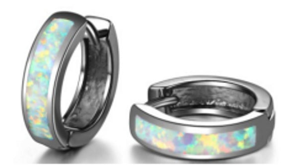 Black Gold-Tone Polished White Simulated Opal Half-Hoop Drop Earrings