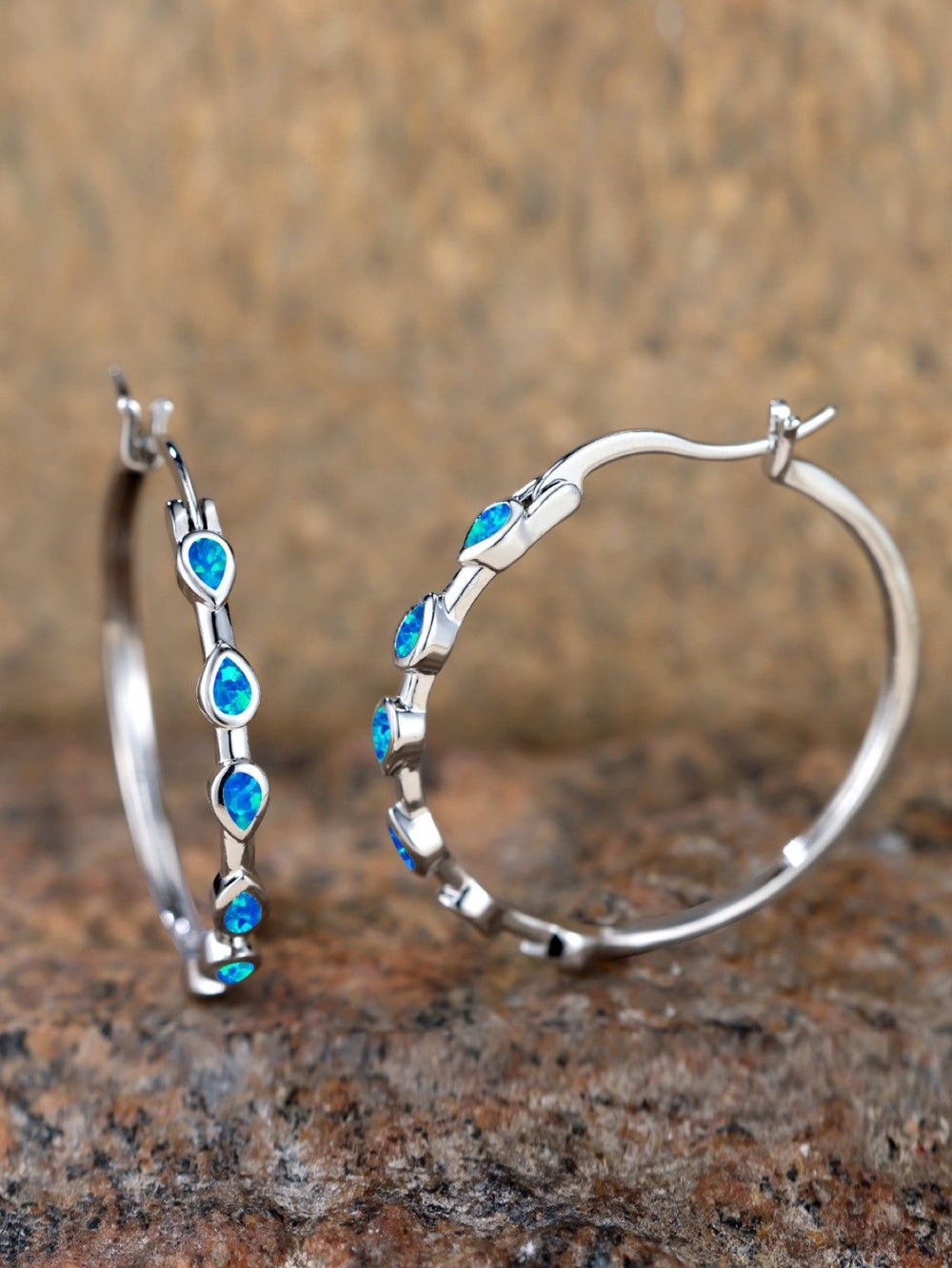 Silver-Tone Teardrop Blue Simulated Opal Station Hoop Earrings