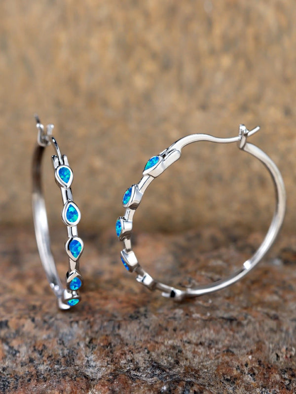Silver-Tone Teardrop Blue Simulated Opal Station Hoop Earrings