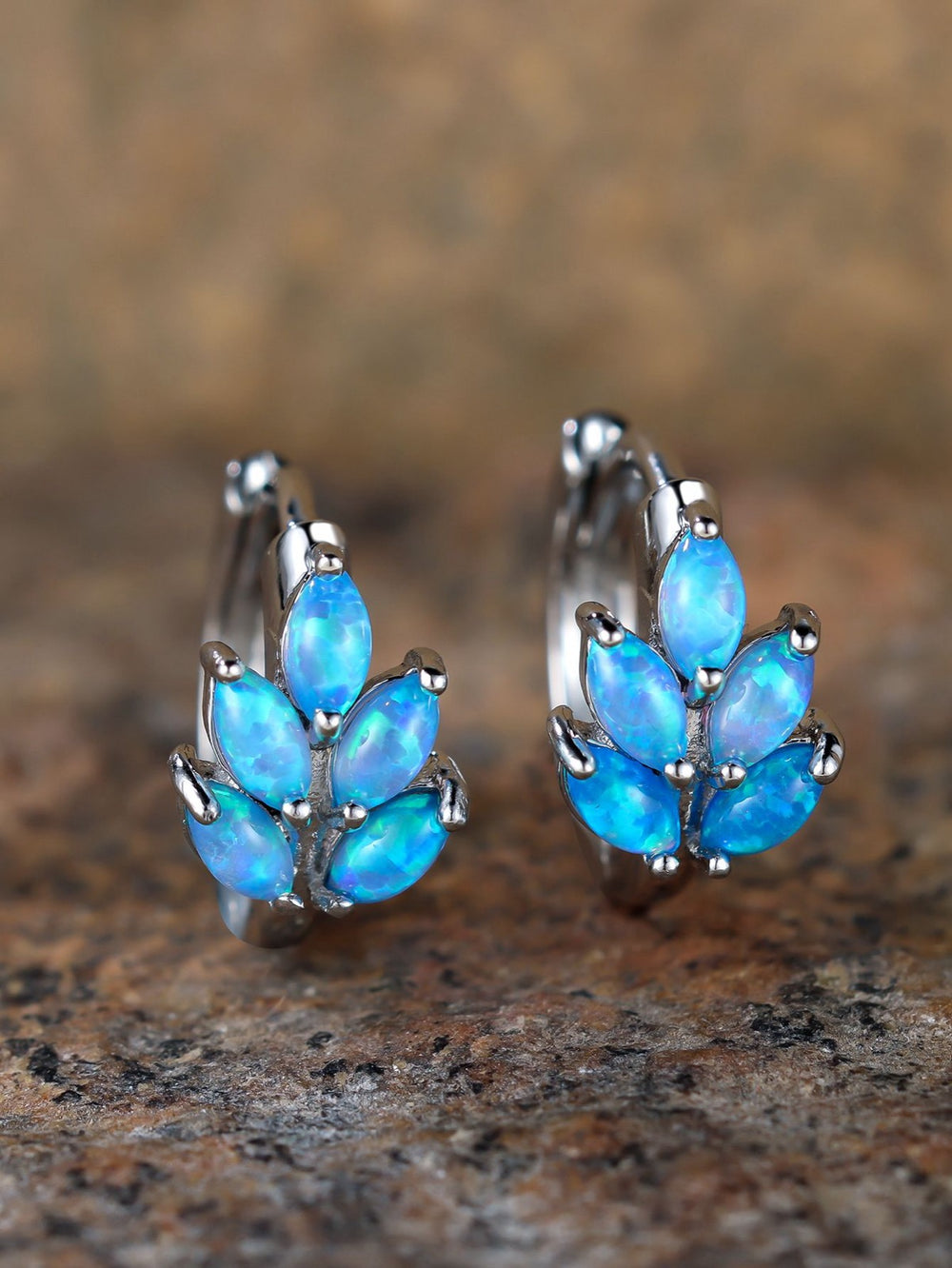 Silver-Tone Marquise Blue Simulated Opal Leaf Huggie Earrings